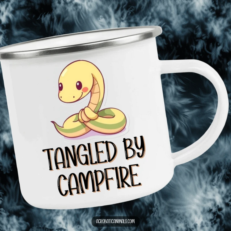 Funny camping mug showing a snake tied into a playful knot, perfect for enjoying drinks on the go.