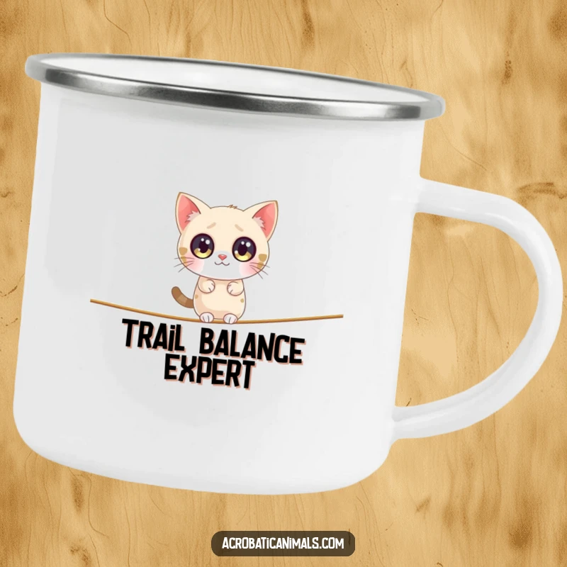 Funny cat camping mug showing a plump cat on a tightrope, ideal for sipping coffee during outdoor adventures.