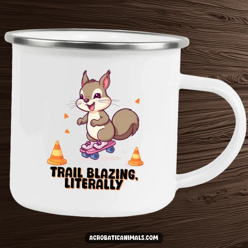Funny camping mug featuring a hyperactive squirrel on roller skates, weaving around cones, ready for campfire stories.