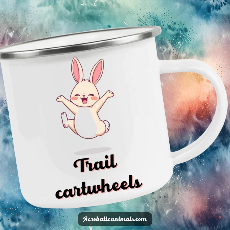 Durable funny camping mug with a cheerful bunny doing a cartwheel, designed for outdoor enthusiasts who appreciate playful energy.