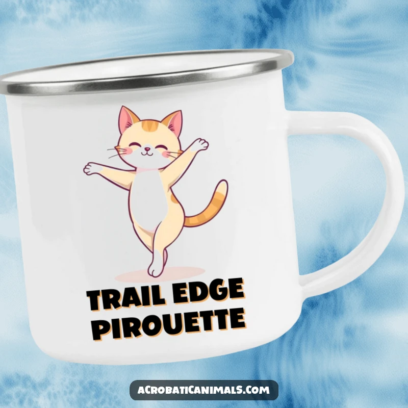 Funny cat camping mug showing a cute feline doing a graceful arabesque ballet turn on a balance beam, for rugged humor.