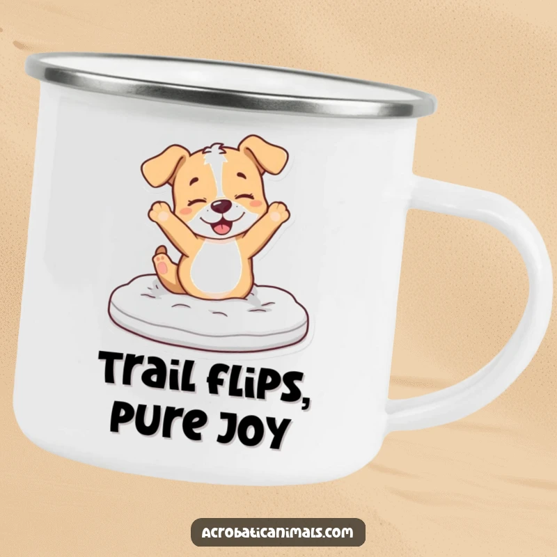 Funny Puppy Camping Mug: A playful puppy character flips over a foam mat, ideal for outdoor fun.