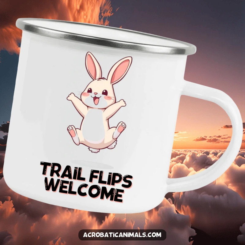 Funny camping mug featuring a bouncy bunny doing a perfect somersault, ready for campfire stories and morning coffee.