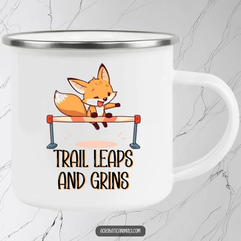 Funny fox camping mug featuring a determined fox with a wide grin leaping over a hurdle, built for outdoor adventures.