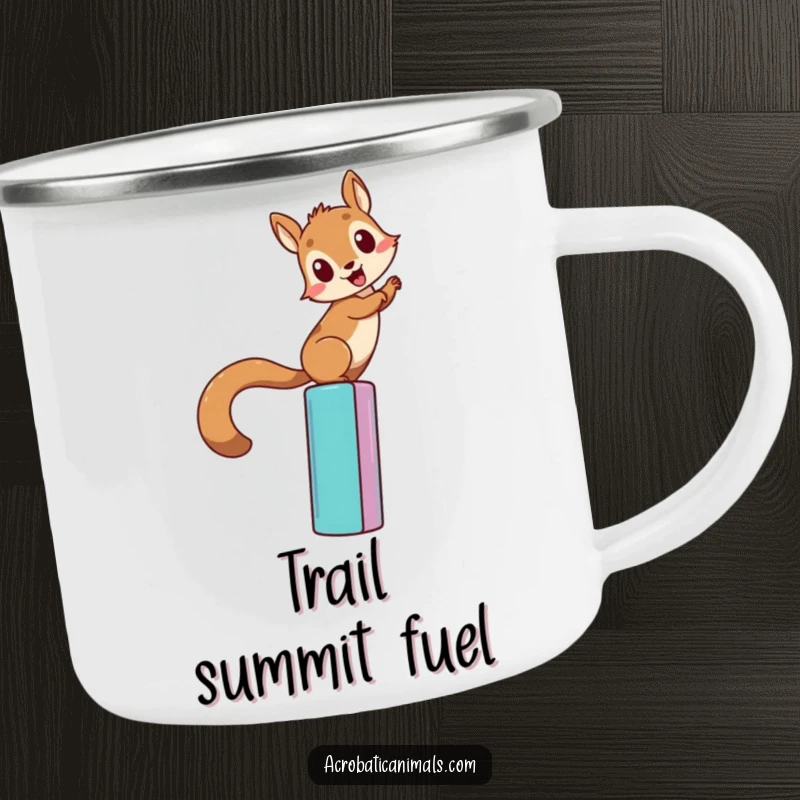 Funny squirrel climbing camping mug, showing a determined squirrel scaling a colorful bar. Durable and humorous for outdoor enthusiasts.