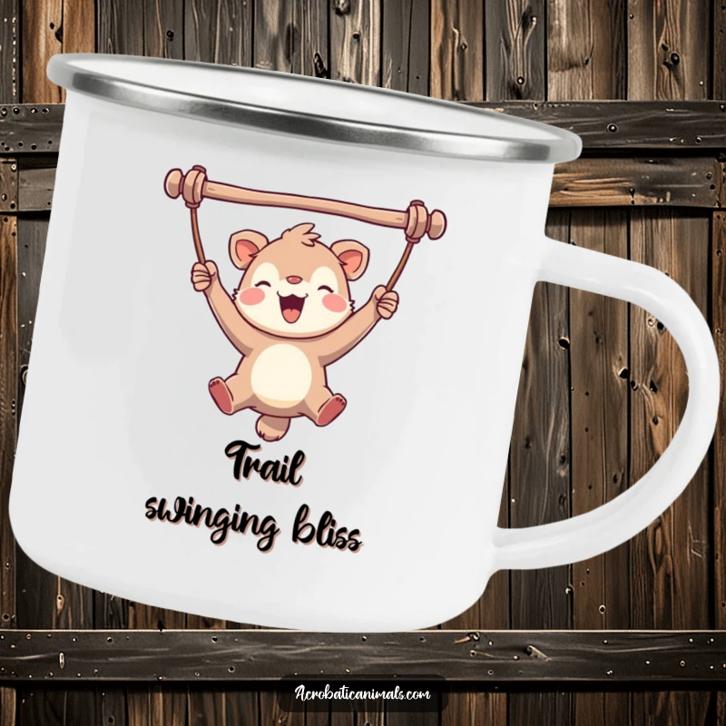 Funny camping mug featuring a gleeful animal swinging joyfully, bringing a sense of fun and laughter to your outdoor excursions.