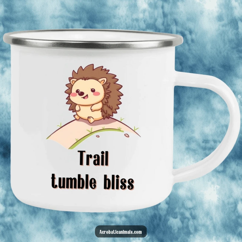 Funny camping mug with a happy hedgehog rolling downhill with a smile, ideal for enjoying beverages during outdoor adventures.