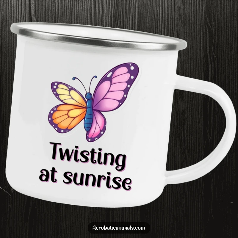 Funny butterfly camping mug featuring a vibrant butterfly doing a graceful aerial twist, designed for enjoying nature.