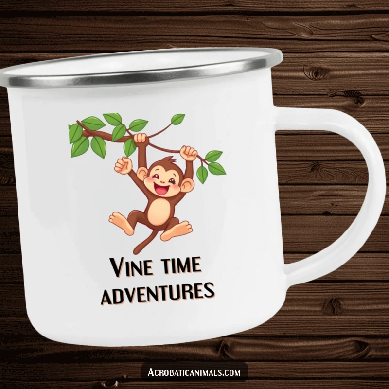 Funny Monkey Vine Swing Camping Mug: A durable enamel mug with a delighted monkey swinging from a vine, ideal for outdoor fun and smiles.