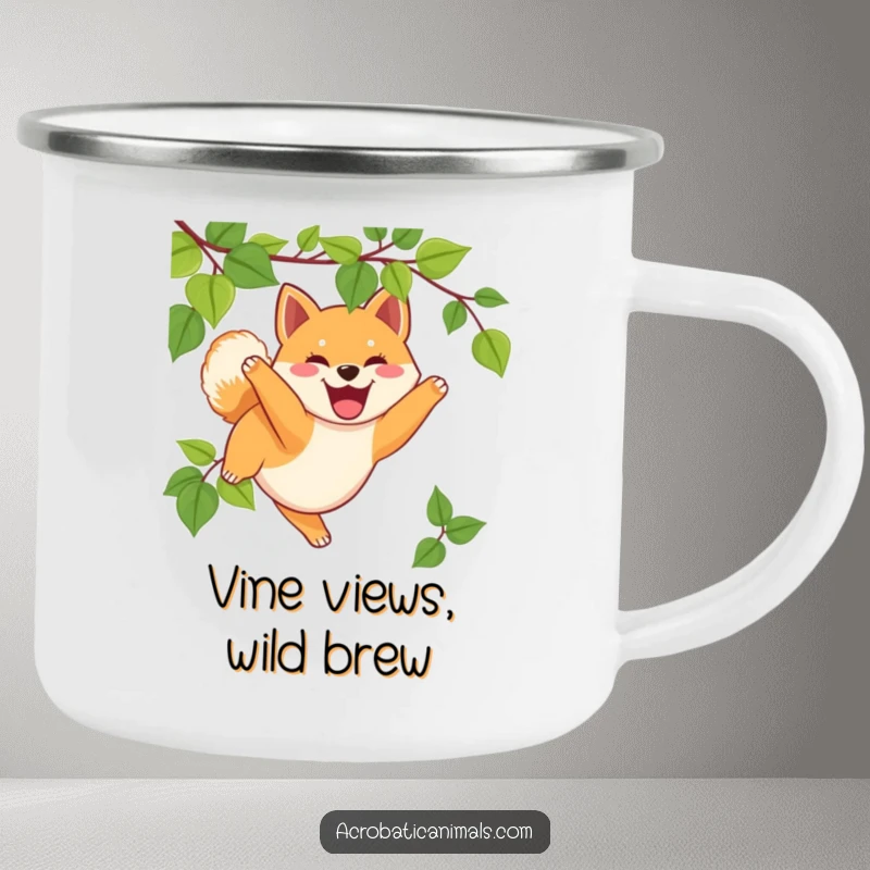 Funny Shiba Inu camping mug showing a joyful puppy swinging from a vine, perfect for outdoor use, a durable funny gift.