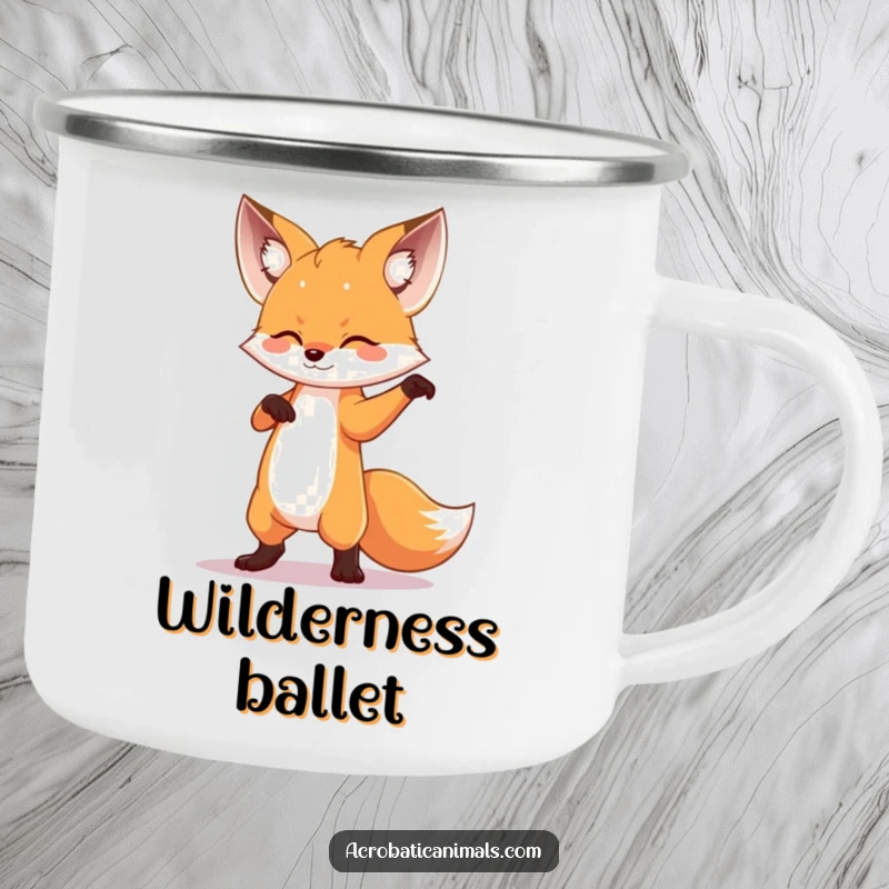 Durable funny camping mug with a small fox striking a dramatic dance pose, designed for adventurers who love to make an impression.