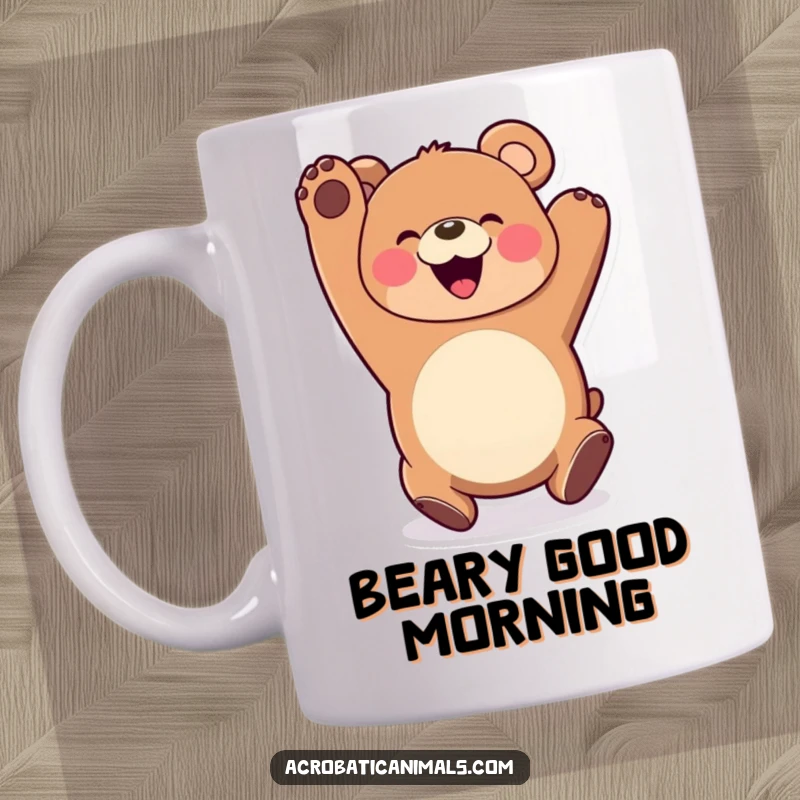 Funny Bear Somersault Mug featuring a happy bear somersaulting with a wide, beaming smile, conveying infectious joy and playful energy.