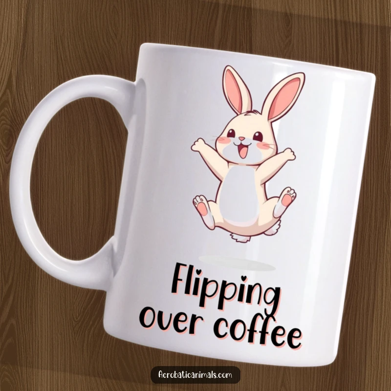 Funny mug featuring a bouncy bunny gracefully performing a perfect somersault with a happy expression and athletic pose.