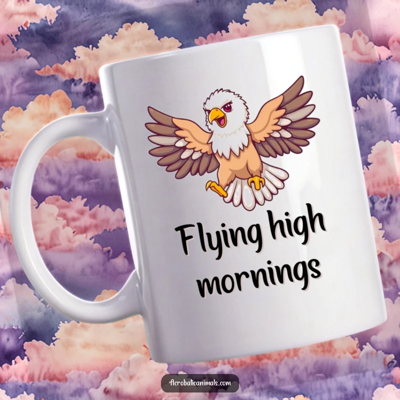 Funny eagle mug showing a proud bird soaring majestically with wings outstretched, performing a graceful loop in the sky.
