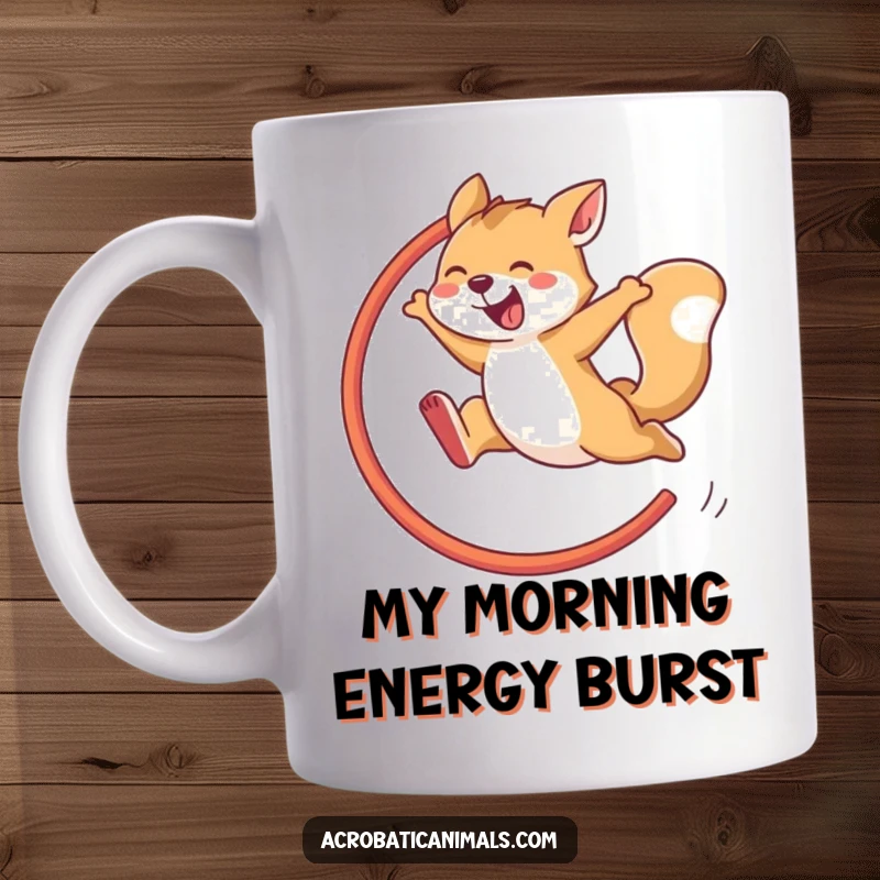 Funny mug showcasing an energetic animal leaping with pure joy through a hoop, capturing a moment of athletic and hilarious abandon.
