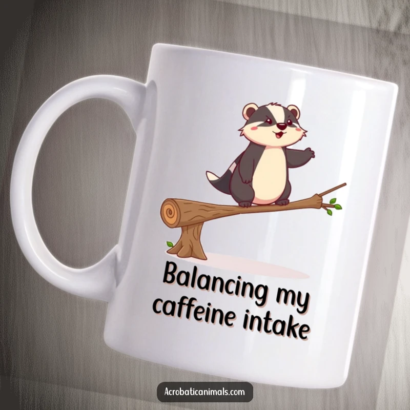 Funny badger balancing precariously on a log like a tightrope walker on a mug, showing courage, a perfect funny gift.
