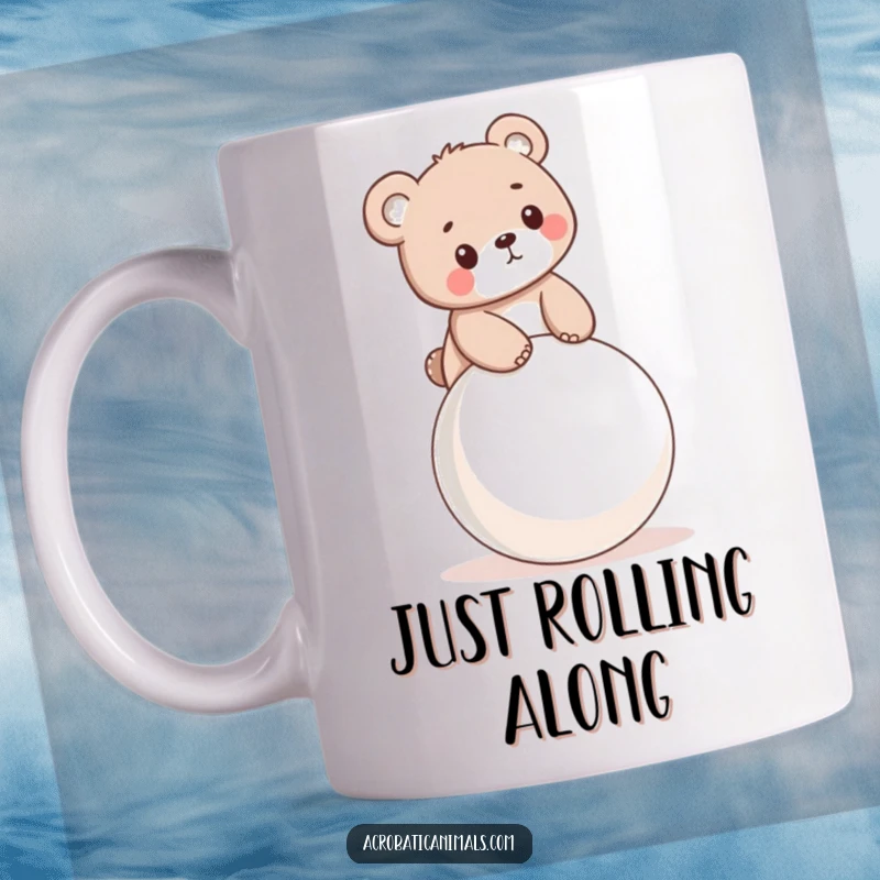 Funny mug featuring a little bear cub precariously balancing on a bouncy ball, radiating pure, clumsy joy.