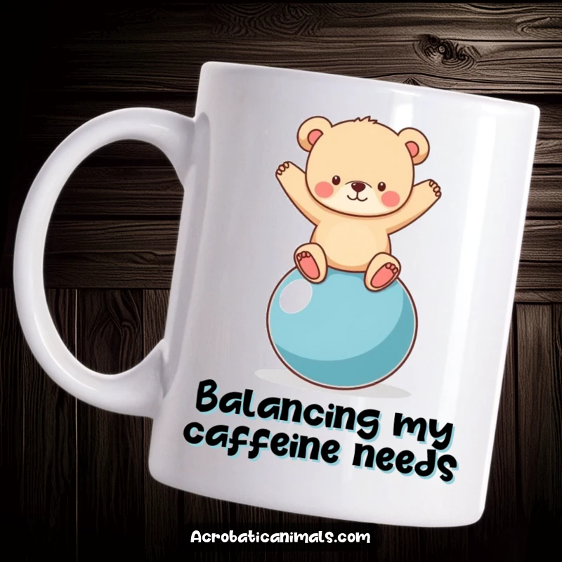 Funny bear cub wobbling precariously on a giant yoga ball, captured in a moment of hilarious, clumsy determination for a mug.