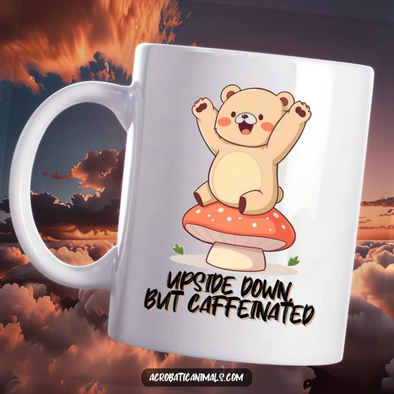 Funny bear cub mug showing a chubby bear gleefully practicing a handstand on a plump mushroom.