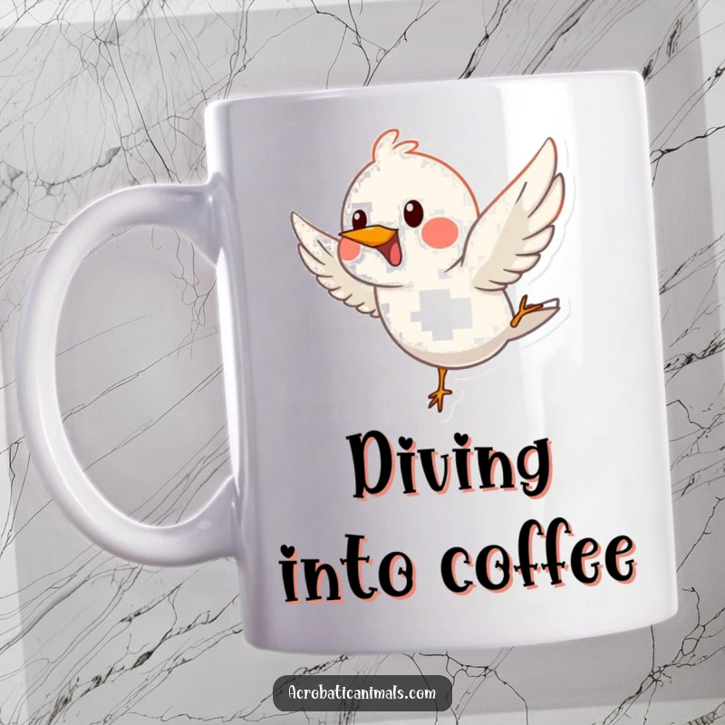 Funny mug depicting a happy bird performing a graceful dive, exuding joy and a sense of playful freedom.