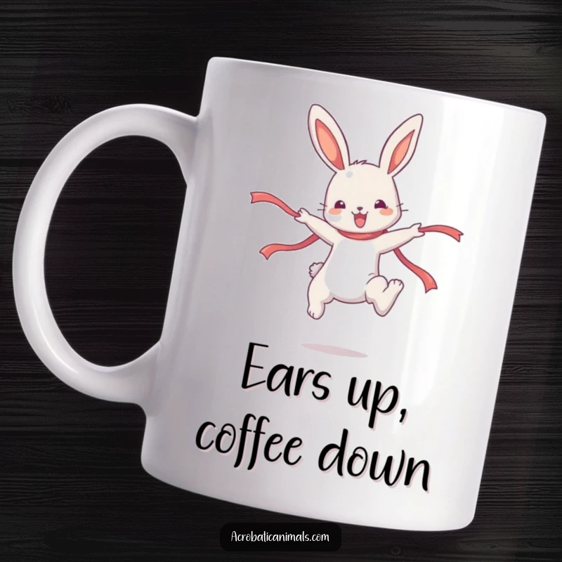 Funny Bunny Mug: A cute bunny character gracefully high jumps with a ribbon, showcasing athletic humor and joy.