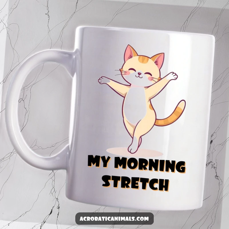 Funny cat mug showing a cute feline performing a graceful arabesque turn mid-air on a balance beam, a playful ballet move.