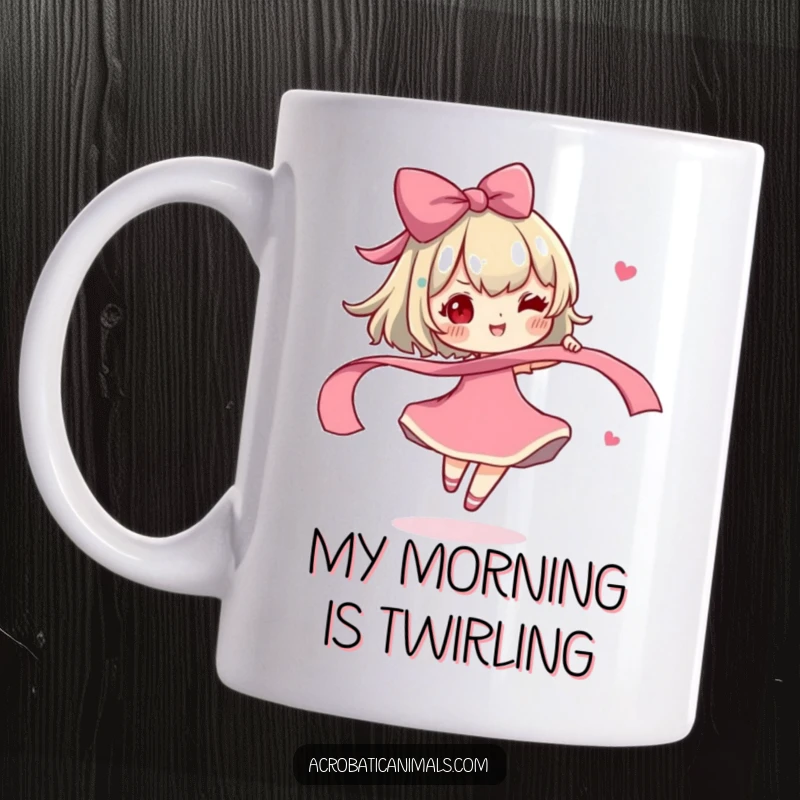 Funny Mug: A cute character joyfully spinning a ribbon, radiating carefree delight and whimsical energy.