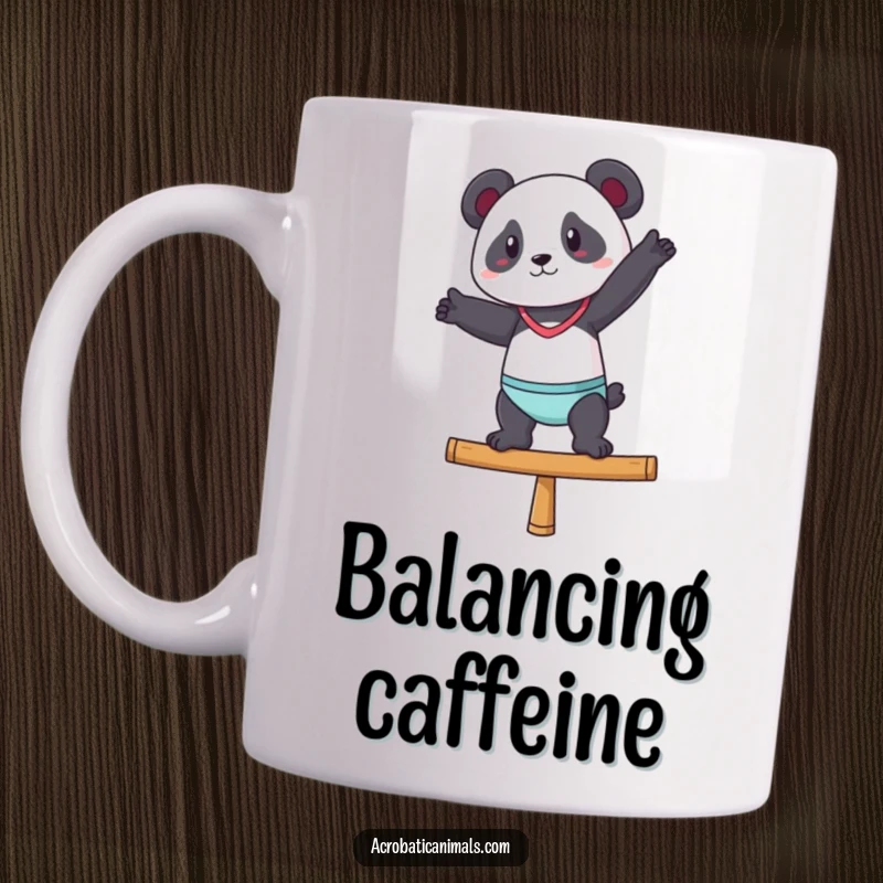 Funny gymnast panda mug showing a confident panda striking a pose gracefully on a balance beam.