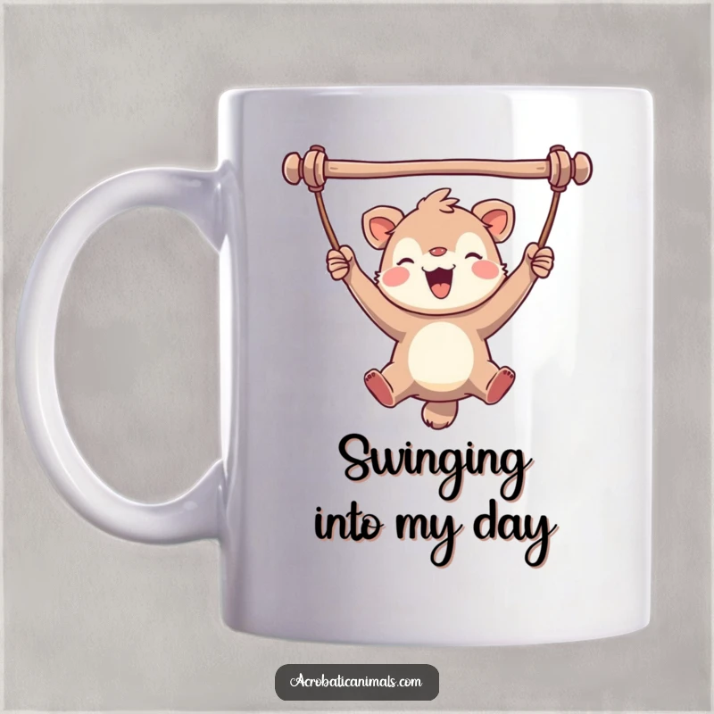 Funny mug capturing a gleeful animal joyfully swinging from a bar with a wide, delighted grin, spreading pure happiness.