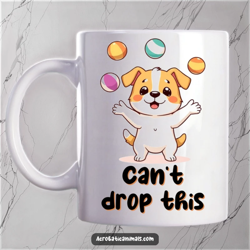 Funny mug featuring a talented dog character skillfully juggling three colorful balls with impressive concentration and a happy expression.