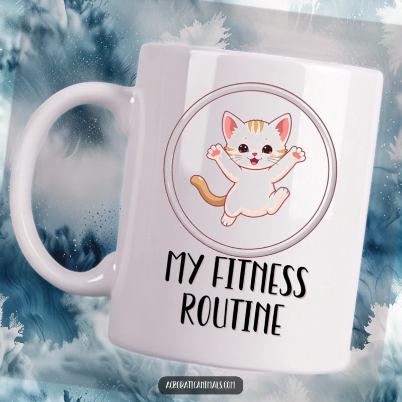 Funny Kitten Hula Hoop Mug featuring a playful kitten gracefully leaping through a colorful hula hoop, radiating joy and energy.