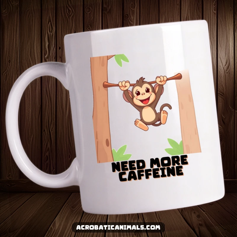 Funny monkey mug showing an energetic primate swinging joyfully from a high bar, capturing pure fun and excitement. Great gift.