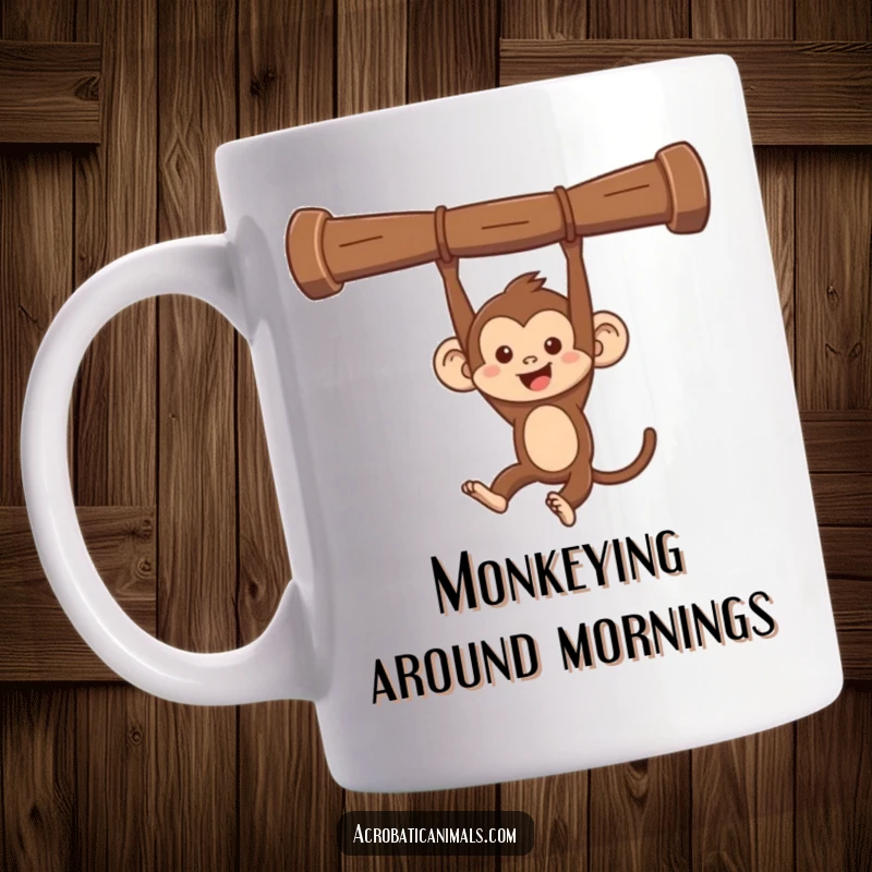 Funny monkey swinging mug, depicting a mischievous monkey joyfully swinging from an overhead bar. A humorous gift for playful personalities.
