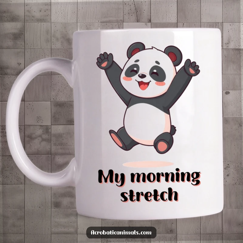 Funny Panda Acrobat Mug featuring a joyful panda mid-air executing a perfect split jump, showcasing its incredible flexibility and playful spirit.