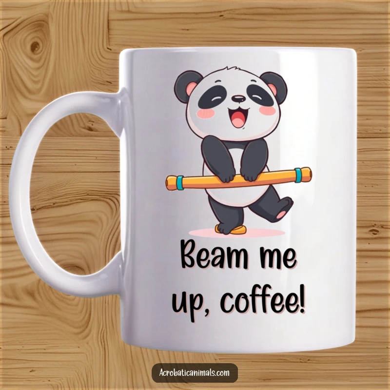 Funny panda bear mug, giggling while balancing on a colorful exercise beam, a humorous and cute gift.