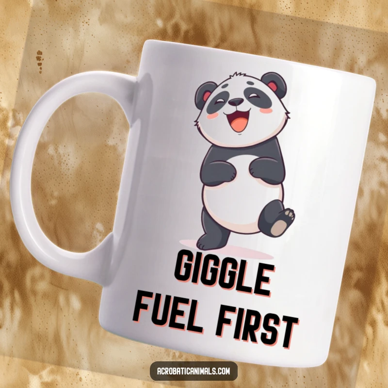 Funny panda mug featuring a giggling bear doing a silly cartwheel, radiating joy and playful energy. Great gift.