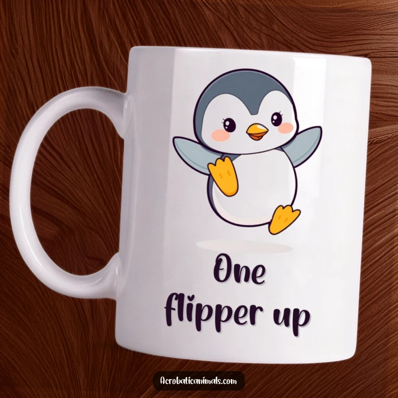 Funny Penguin Flipper Balance Mug featuring a leaping penguin gracefully balancing on one flipper, showcasing its quirky charm and agility.