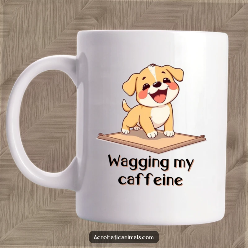 Funny Puppy Exercise Mug showing a happy puppy comically tumbling during a mat exercise routine with boundless energy.