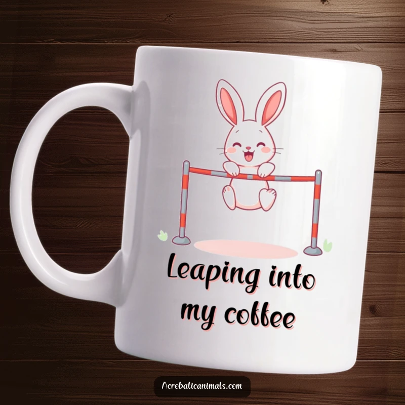 Funny rabbit attempting a high jump over a hurdle, showing cartoon determination and a playful spirit, perfect for a funny gift.