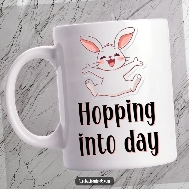 Funny rabbit mug showing a joyous bunny performing a split jump in mid-air, ears flopping comically, full of playful energy.