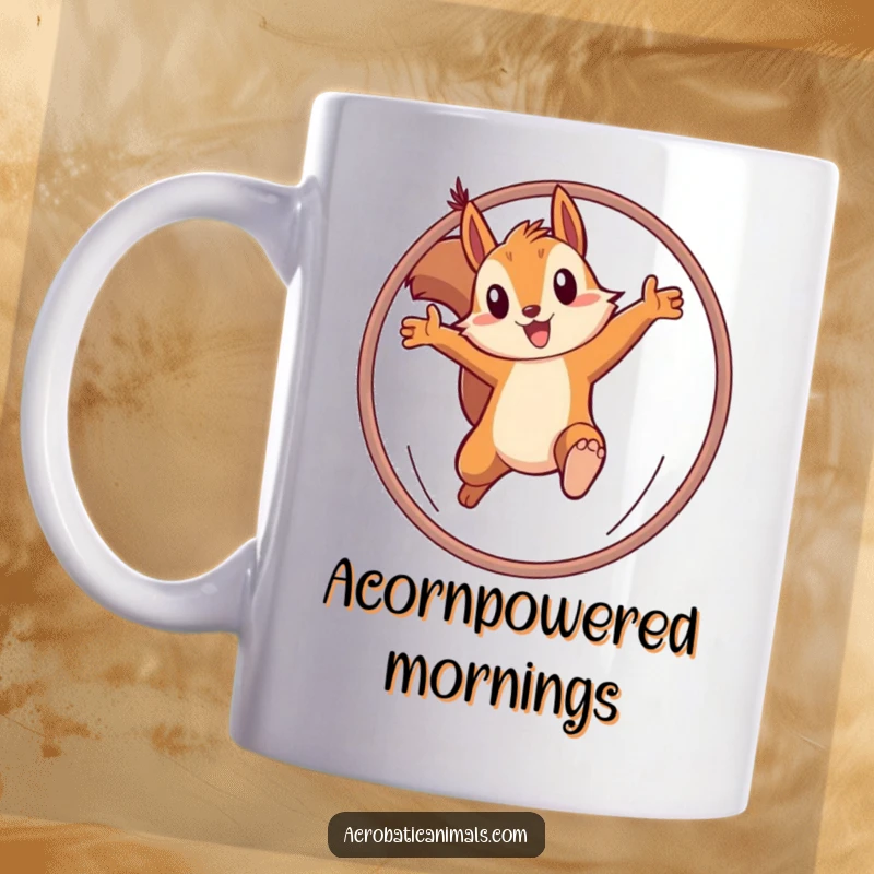 Funny squirrel mug showing a determined character leaping through a hoop with focus and agility. Great gift.
