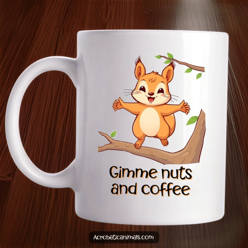 Funny squirrel leaping between tree branches with arms outstretched, embodying playfulness and freedom, perfect for a funny gift.