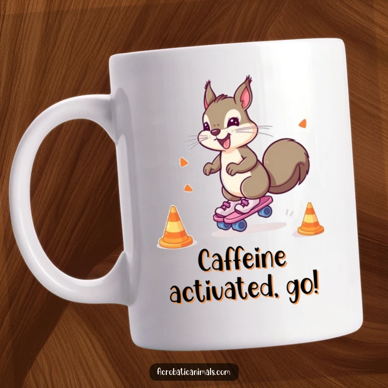 Funny mug featuring a hyperactive squirrel in roller skates, skillfully weaving around traffic cones with a determined expression.