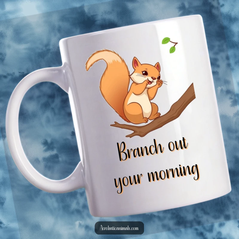 Funny squirrel mug showing a curious squirrel mid-somersault on a tree branch, capturing a moment of pure acrobatic joy.
