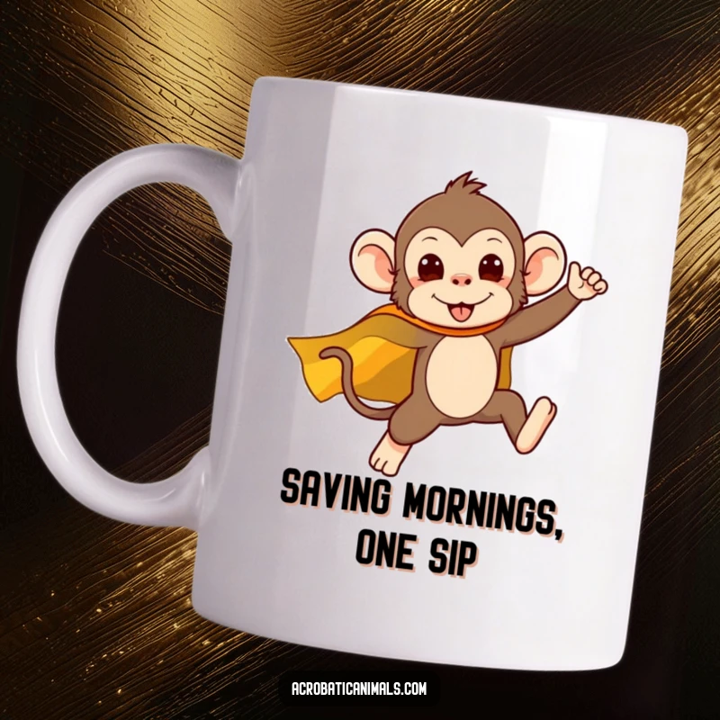 Funny mug featuring a silly monkey in a tiny superhero cape, captured mid-leap with determination and a smile.