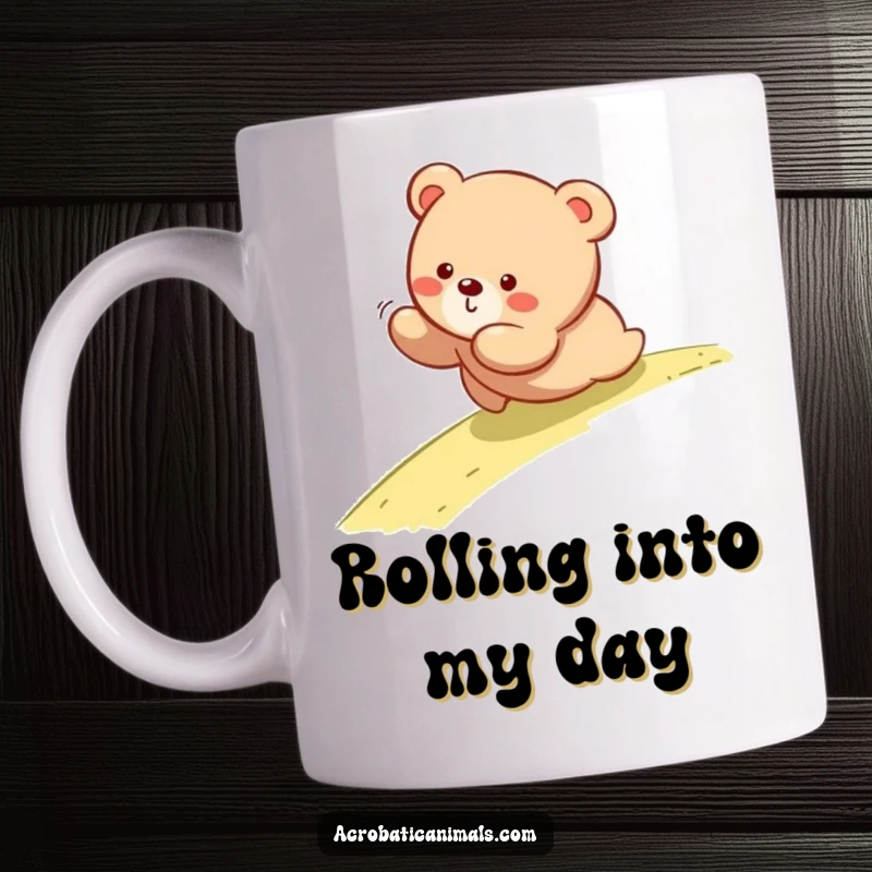 Funny tumbling bear cub mug showing a cute bear rolling down a gentle slope with a happy expression.