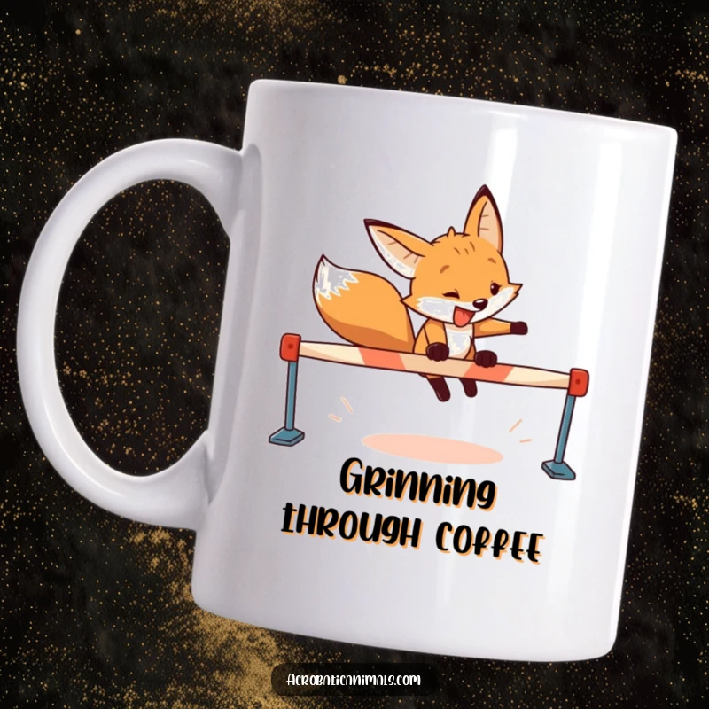 Funny fox mug showing a determined fox with a wide grin leaping over a hurdle, symbolizing success and humor.