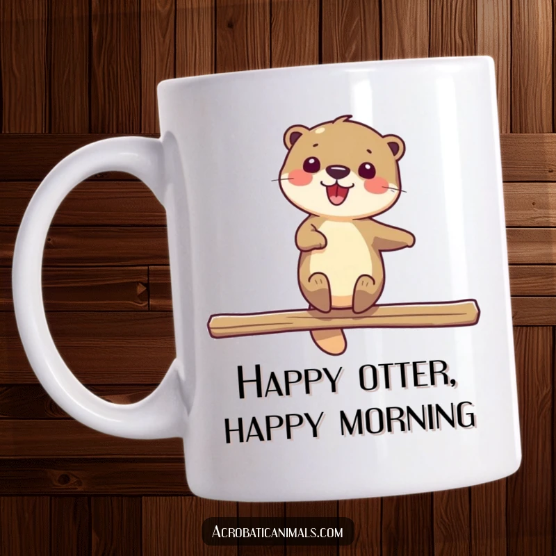 Funny otter mug showing a delighted water creature gracefully spinning on a beam, radiating pure joy and skill. Great gift.