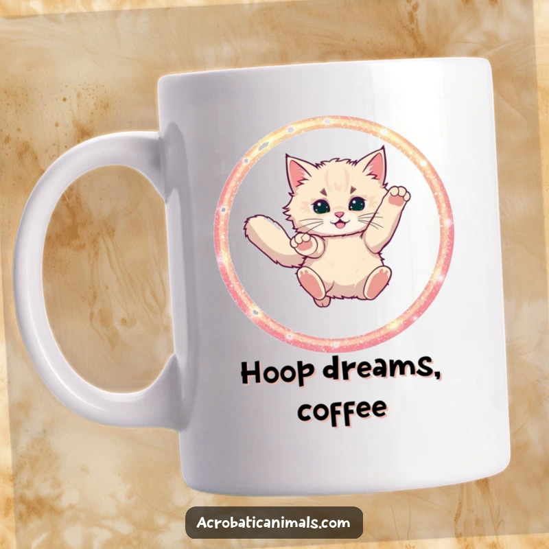Funny image of a fluffy cat gracefully leaping through a sparkling glitter hoop, perfect for a mug gift.