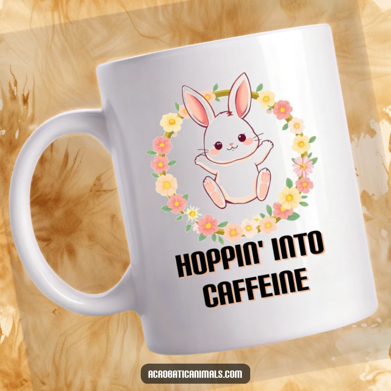 Funny bunny mug showing a fluffy rabbit with rosy cheeks dramatically jumping through a hoop adorned with flowers.